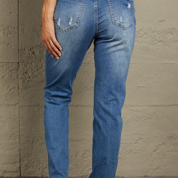 Baeful Checkered Patchwork Mid Waist Distressed Jeans - Picture 10 of 11